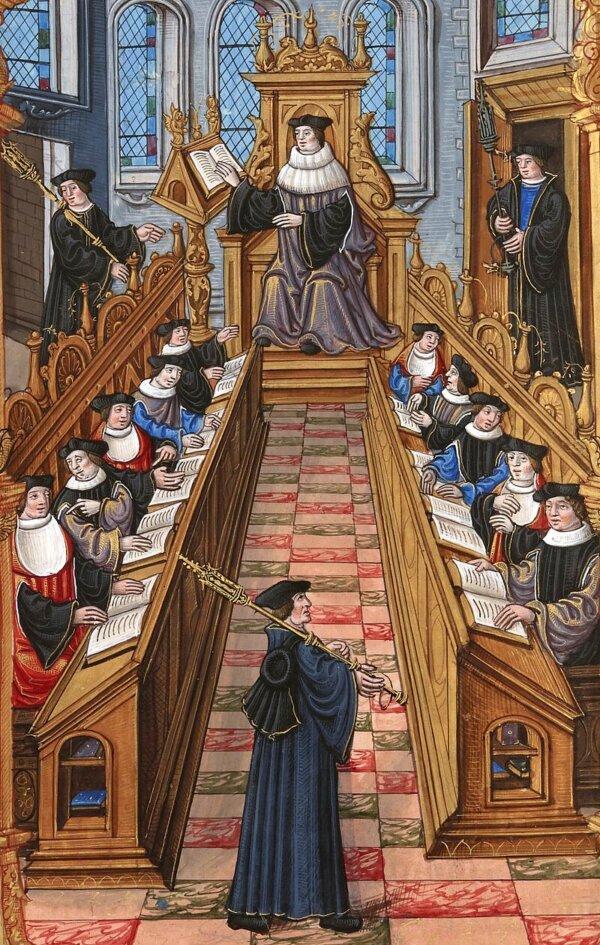 A meeting of doctors at the University of Paris. From the "Chants royaux" manuscript, Bibliothèque Nationale, Paris. (Public Domain)