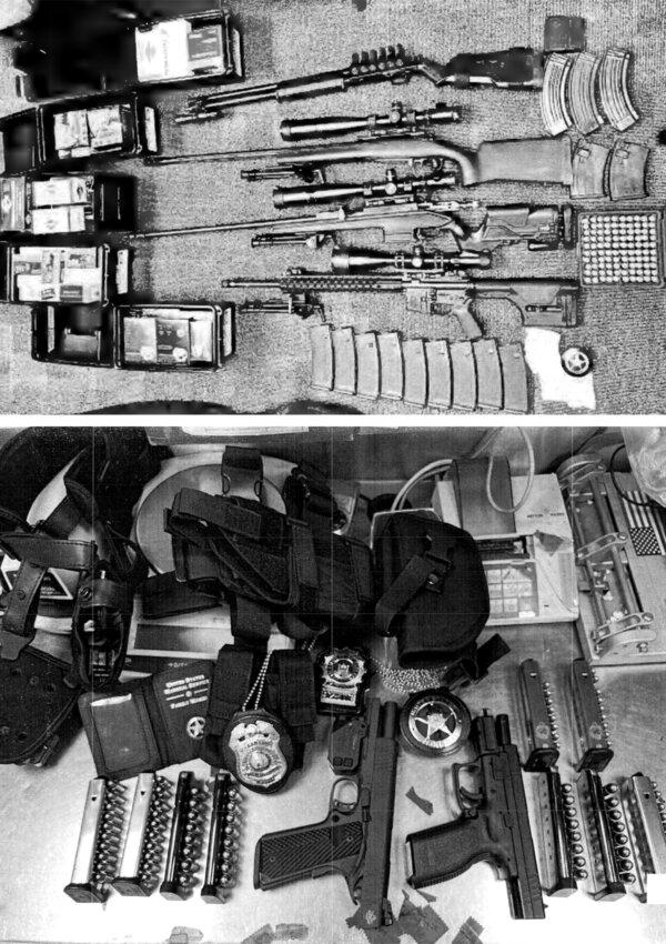(Above) Firearms found by the LAPD during a search of Adrian Paul Aispuro's home. (Courtesy of LAPD) (Below)Belongings seized by the LAPD after detaining Adrian Paul Aispuro. (Courtesy of LAPD)