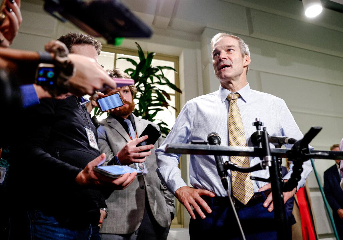 Rep. Jim Jordan (R-Ohio) speaks to the media as he leaves a closed-door House Republican meeting at the U.S. Capitol in Washington on Oct. 20, 2023. The House Republicans voted against Mr. Jordan in his fourth run for speaker of the House, after he failed to reach a majority of votes on three previous attempts. (Anna Moneymaker/Getty Images)