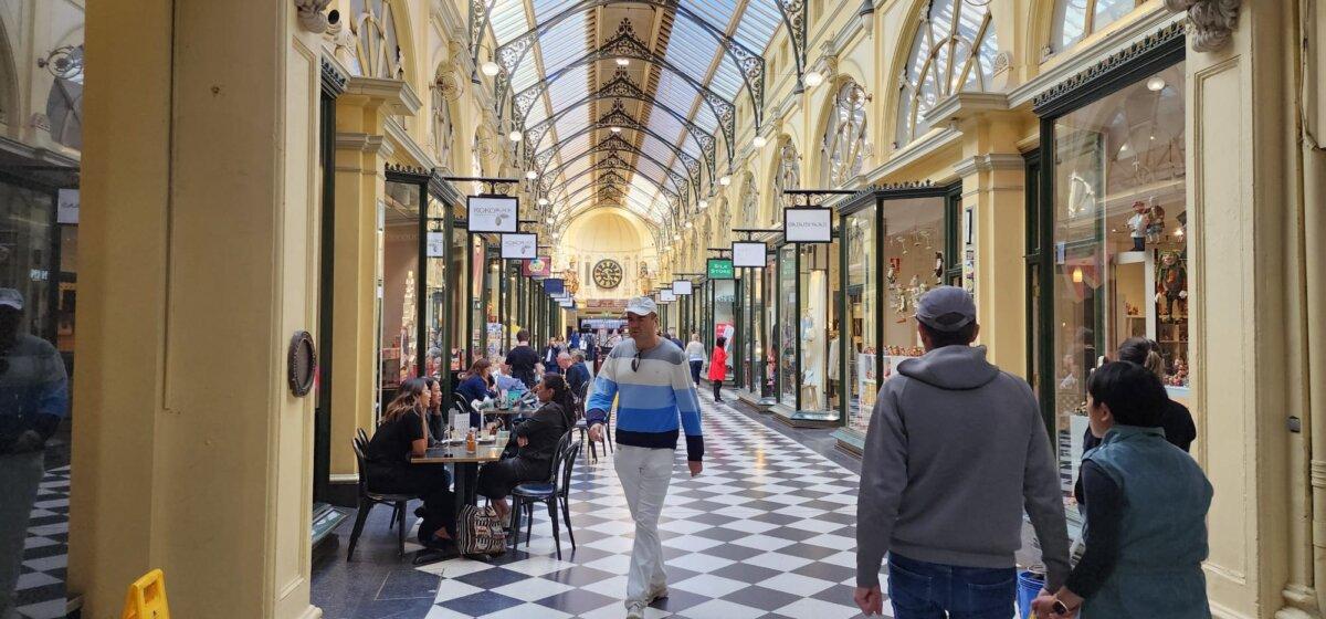 Shoppers walk through the Royal Arcade in central Melbourne, Australia, on Oct. 27, 2023. (Susan Mortimer/The Epoch Times)