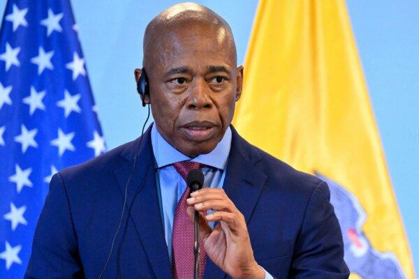 New York Mayor Eric Adams speaks at a press conference during his trip to Ecuador, on Oct. 6, 2023. (Rodrigo Buendia/AFP via Getty Images)