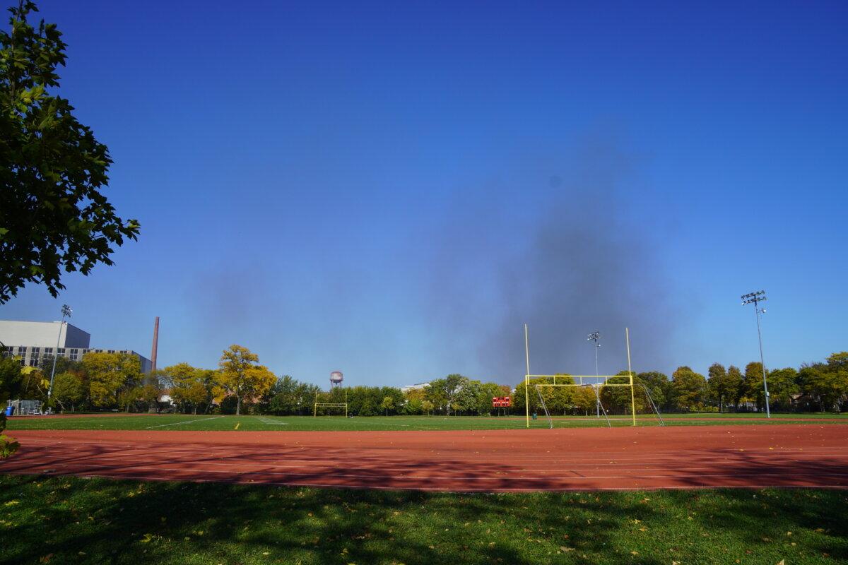Chicago's Amundsen Park, the site of protests over plans to take over the fieldhouse and use it as a shelter, shutting out residents in favor of illegal immigrants, on Oct. 24, 2023. (Nathan Worcester/The Epoch Times)