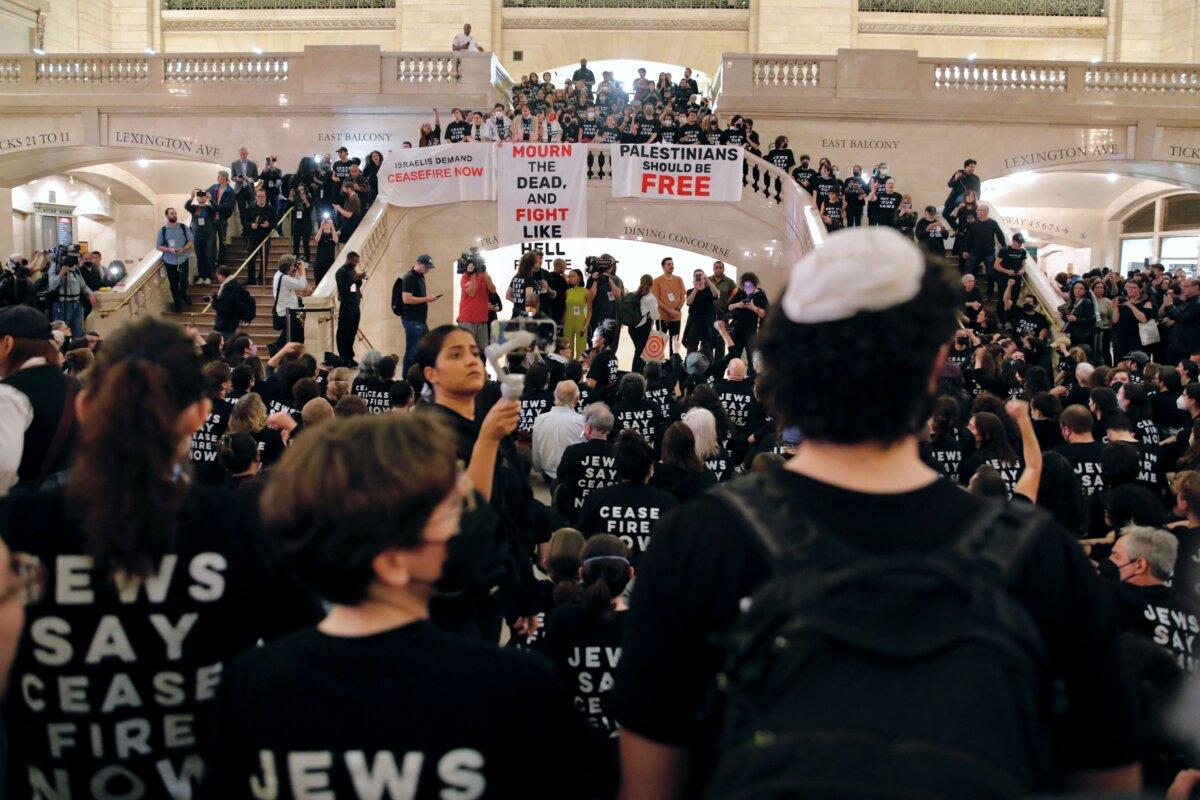 Demonstrators call for a ceasefire amid war between Israel and Hamas, at Grand Central Station in New York on Oct. 27, 2023. Thousands of people, both Israeli and Palestinian, have died since Oct. 7, 2023, when Hamas terrorists entered southern Israel in a surprise attack, leading Israel to declare war on Hamas in Gaza on the following day. (Kena Betancu/AFP via Getty Images)