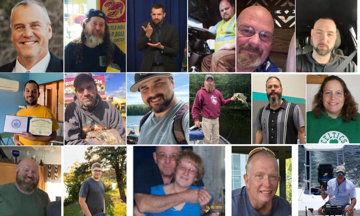 (Top L–R) Victims of the Maine Shooting Ronald G. Morin, Peyton Brewer-Ross, Joshua A. Seal, Bryan M. MacFarlane, Joseph Lawrence Walker, Arthur Fred Strout. (Second row L–R) Maxx A. Hathaway, Stephen M. Vozzella, Thomas Ryan Conrad, Michael R. Deslauiers II, Jason Adam, Tricia C. Asselin. (Third row L–R) William A. Young, Aaron Young, Robert E. Violette and Lucille M. Violette, William Frank, Keith D. Macneir. (Maine Department of Public Safety via AP)