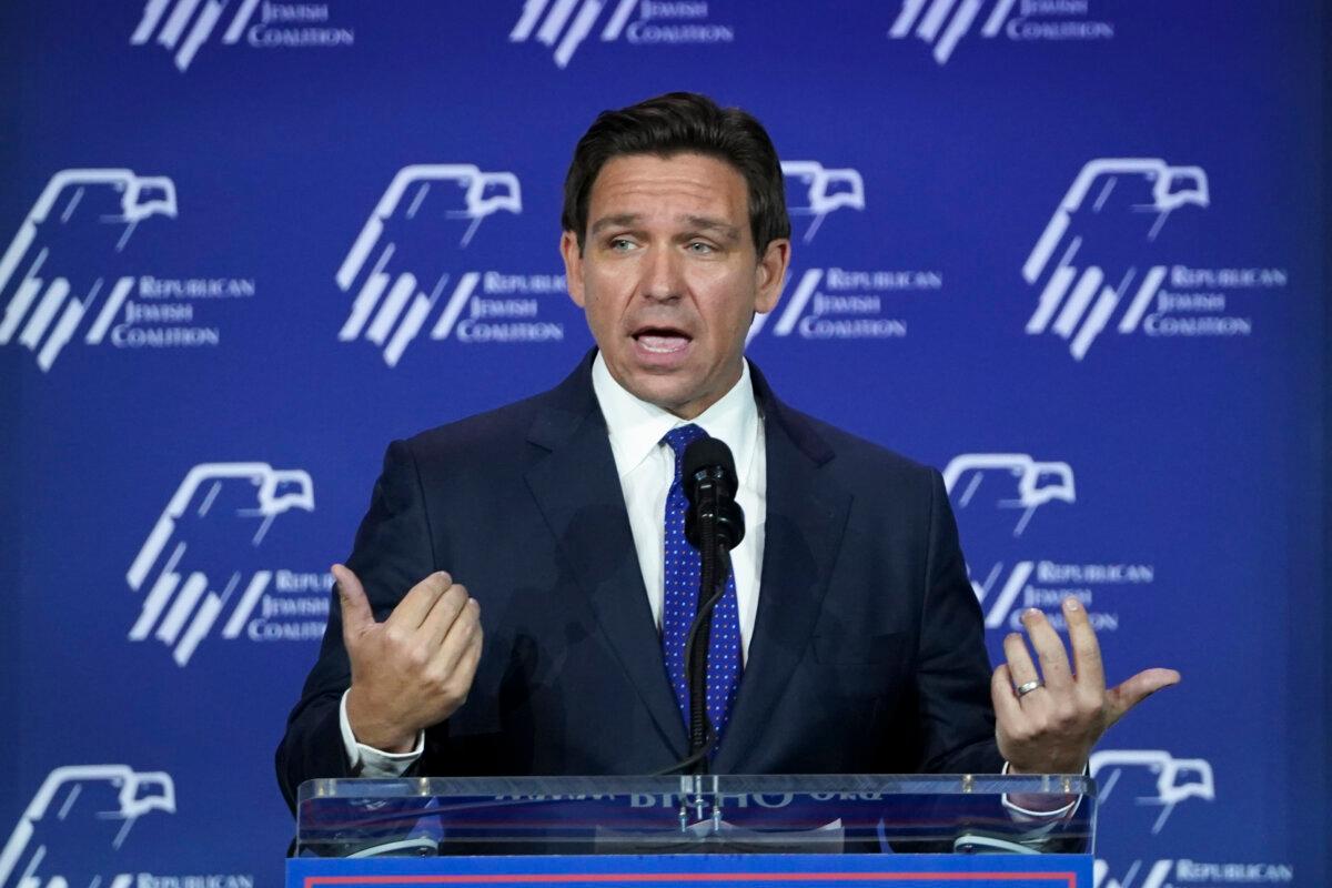 Republican presidential candidate and Florida Gov. Ron DeSantis speaks during the Republican Jewish Coalition in Las Vegas on Oct. 28, 2023. (Madalina Vasiliu/The Epoch Times)