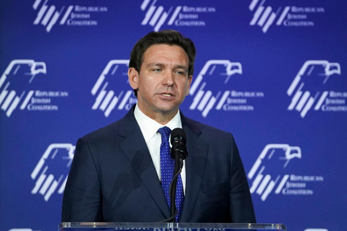 Republican presidential candidate and Florida Gov. Ron DeSantis speaks during the Republican Jewish Coalition in Las Vegas, Nev., on Oct. 28, 2023. (Madalina Vasiliu/The Epoch Times)