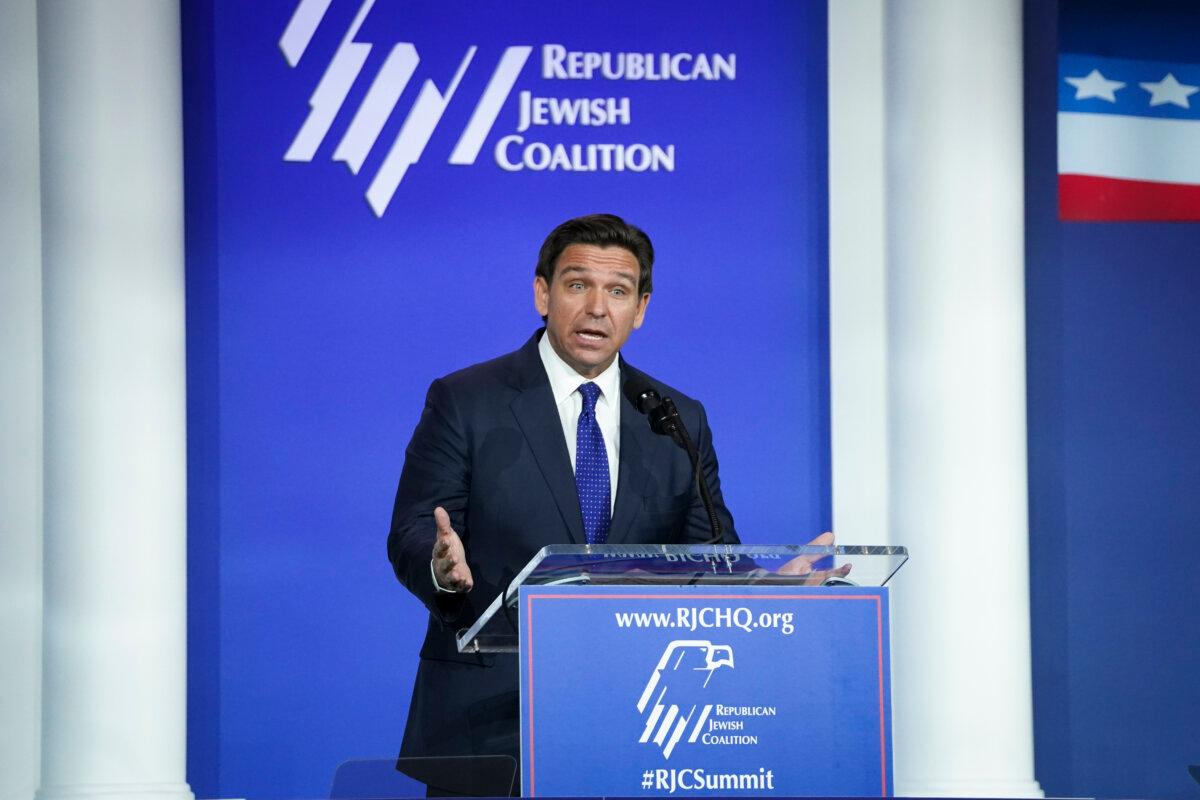 Republican presidential candidate and Florida Gov. Ron DeSantis speaks during the Republican Jewish Coalition in Las Vegas, Nev., on Oct. 28, 2023. (Madalina Vasiliu/The Epoch Times)