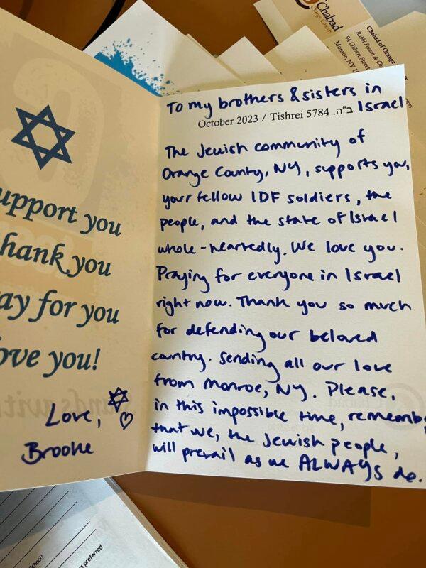 A support letter from a teenager at Chabad of Orange County to Israeli soldiers. (Courtesy of Chabad of Orange County)