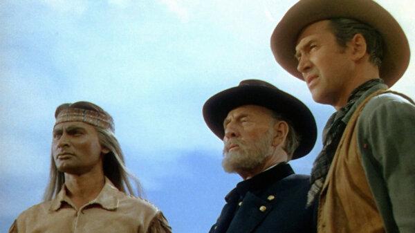 Seekers of peace (L–R): Cochise (Jeff Chandler), Gen. Oliver Howard (Basil Ruysdael), and Tom Jeffords (James Stewart), in “Broken Arrow.” (20th Century Fox)
