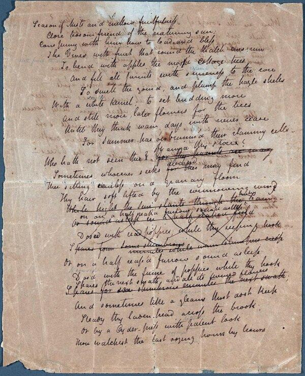 First page of John Keats's autograph manuscript of his poem "To Autumn," 1819. Harvard University. (Public Domain)