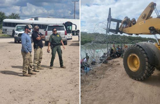  A forklift removes razor wire at the U.S.–Mexico border in Texas on Oct. 26, 2023. (Courtesy of Texas Military Department)
