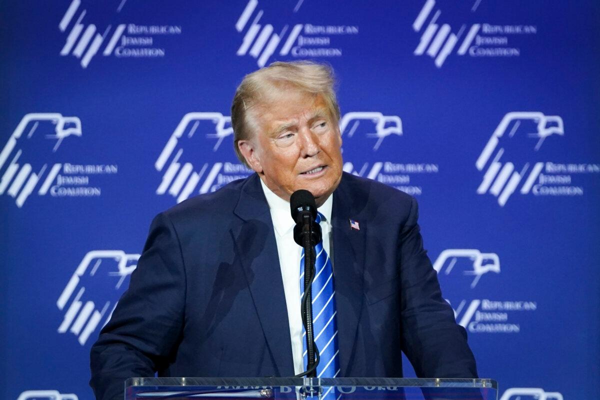 Republican presidential candidate and former President Donald J. Trump speaks at the Republican Jewish Coalition in Las Vegas, Nev., on Oct. 28, 2023. (Madalina Vasiliu/The Epoch Times)