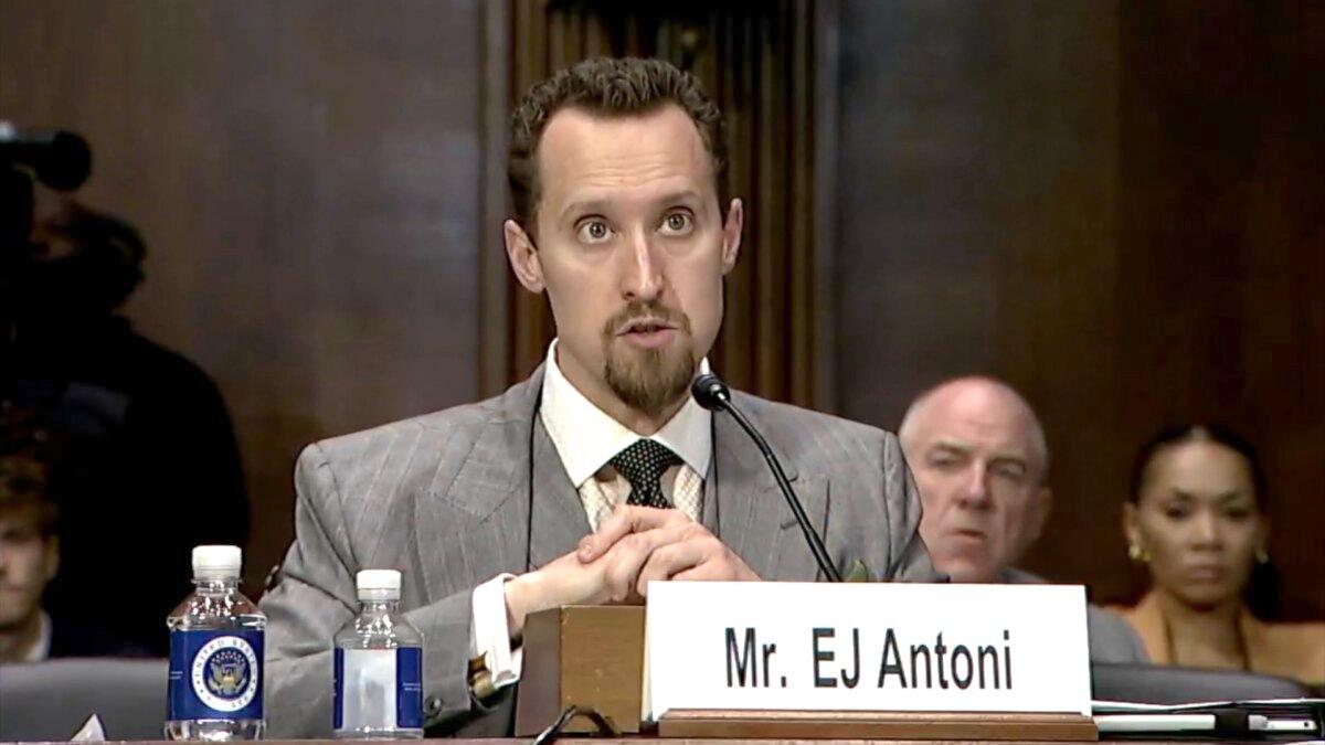 Research fellow in The Heritage Foundation E.J. Antoni testifies at a Senate hearing in Washington on Oct. 24, 2023. (Senate Judiciary Committee/Screenshot via NTD)