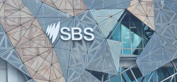 The SBS logo can be seen on a building in Melbourne, Australia, on Oct. 30, 2023. (Susan Mortimer/The Epoch Times)