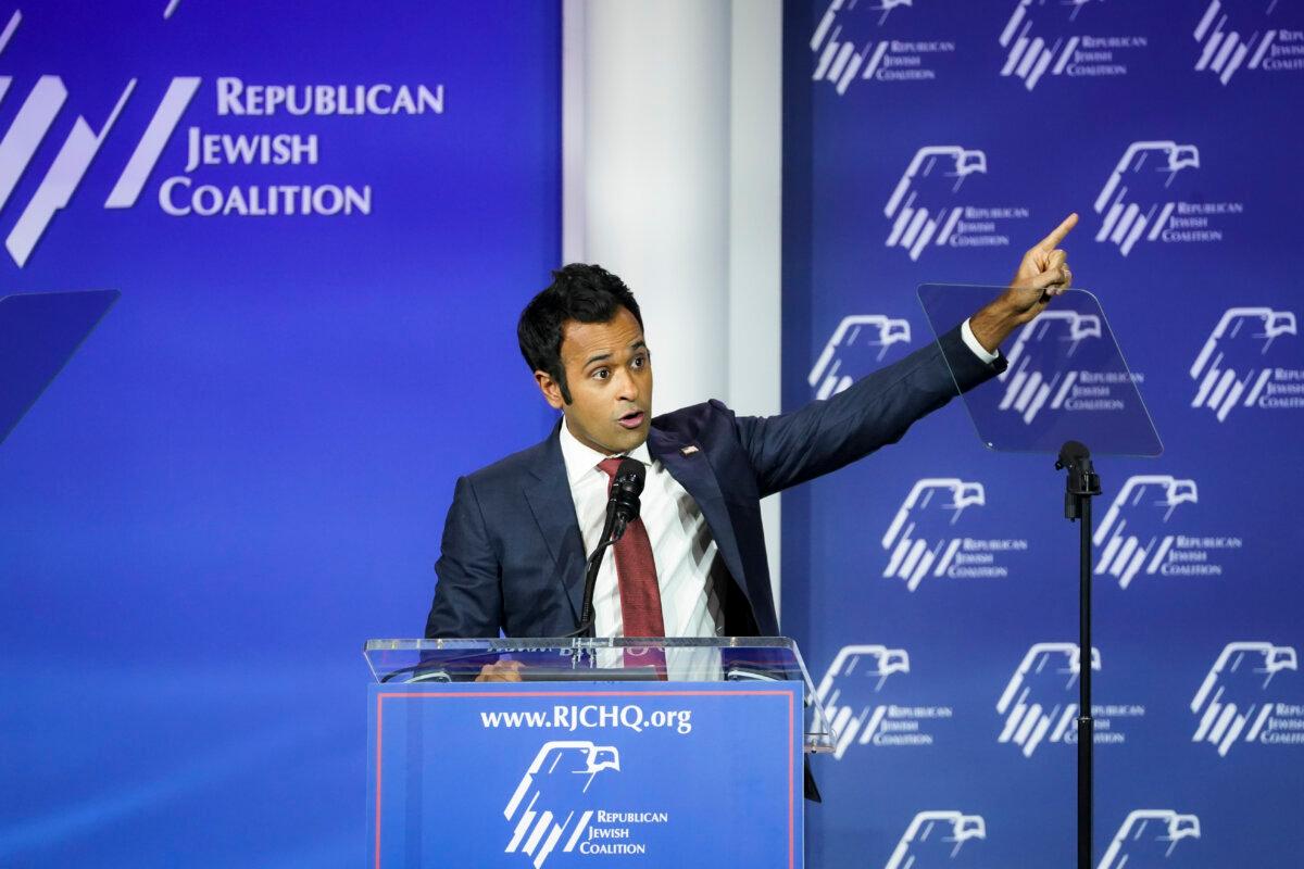 Republican presidential candidate Vivek Ramaswamy speaks at the Republican Jewish Coalition in Las Vegas, Nev., on Oct. 28, 2023. (Madalina Vasiliu/The Epoch Times)