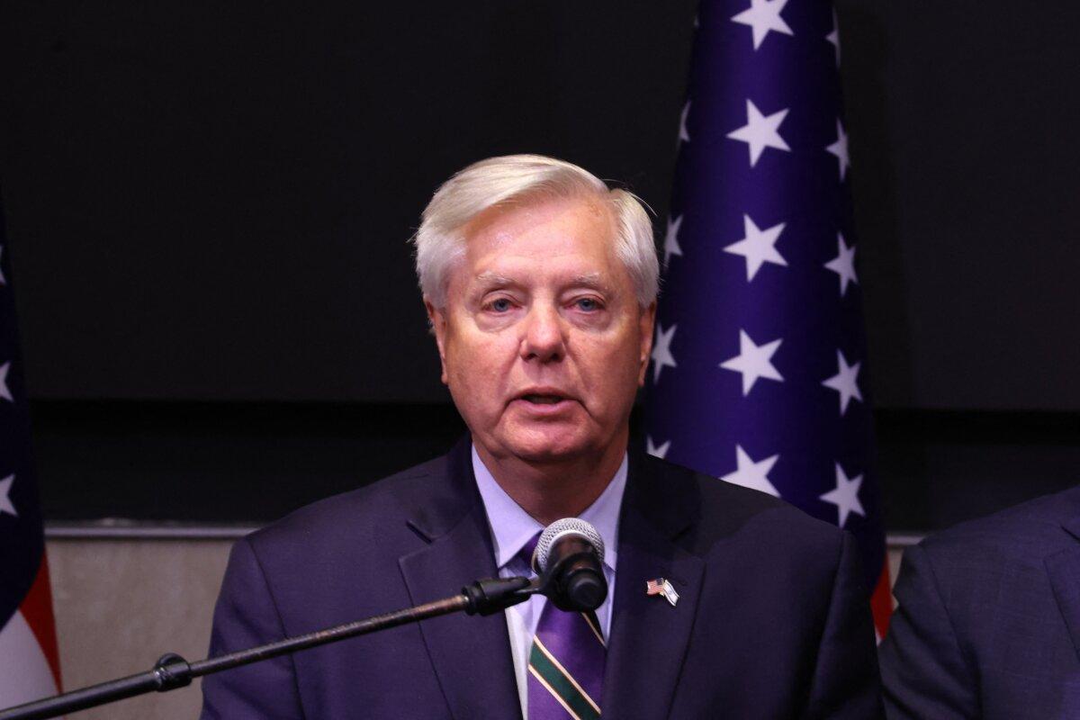 Sen. Lindsey Graham (R-S.C.) speaks during a news conference held by members of a bipartisan group of U.S. senators in Tel Aviv, Israel, on Oct. 22, 2023. (Gil Cohen-Magen/AFP via Getty Images)