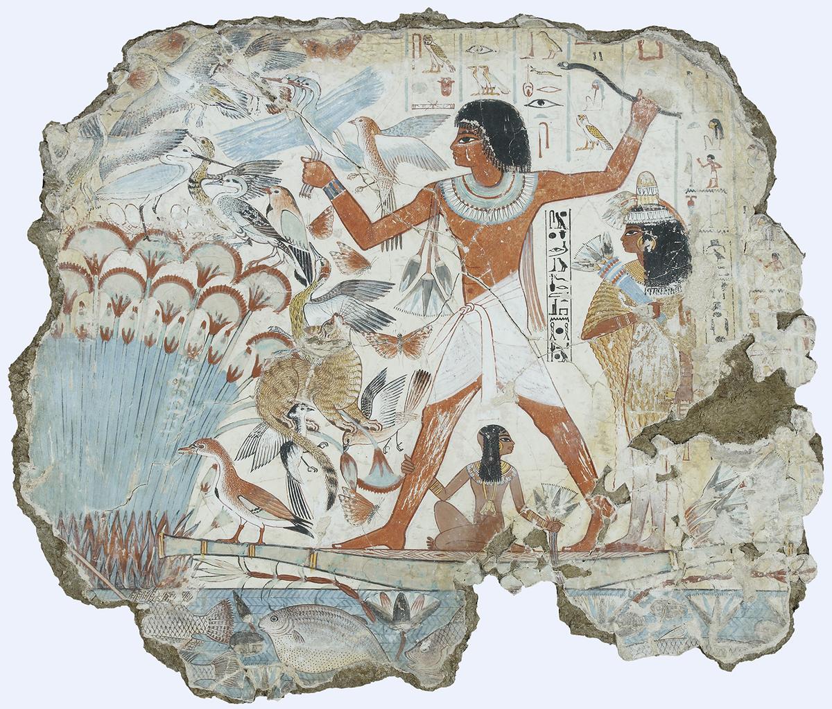 A fragment of a polychrome tomb-painting "Nebamun goes Hunting," circa 1350 B.C., in the West Bank of Luxor, Egypt. Plaster; 38.6 inches by 45.3 inches. The British Museum, London. (PD-US)