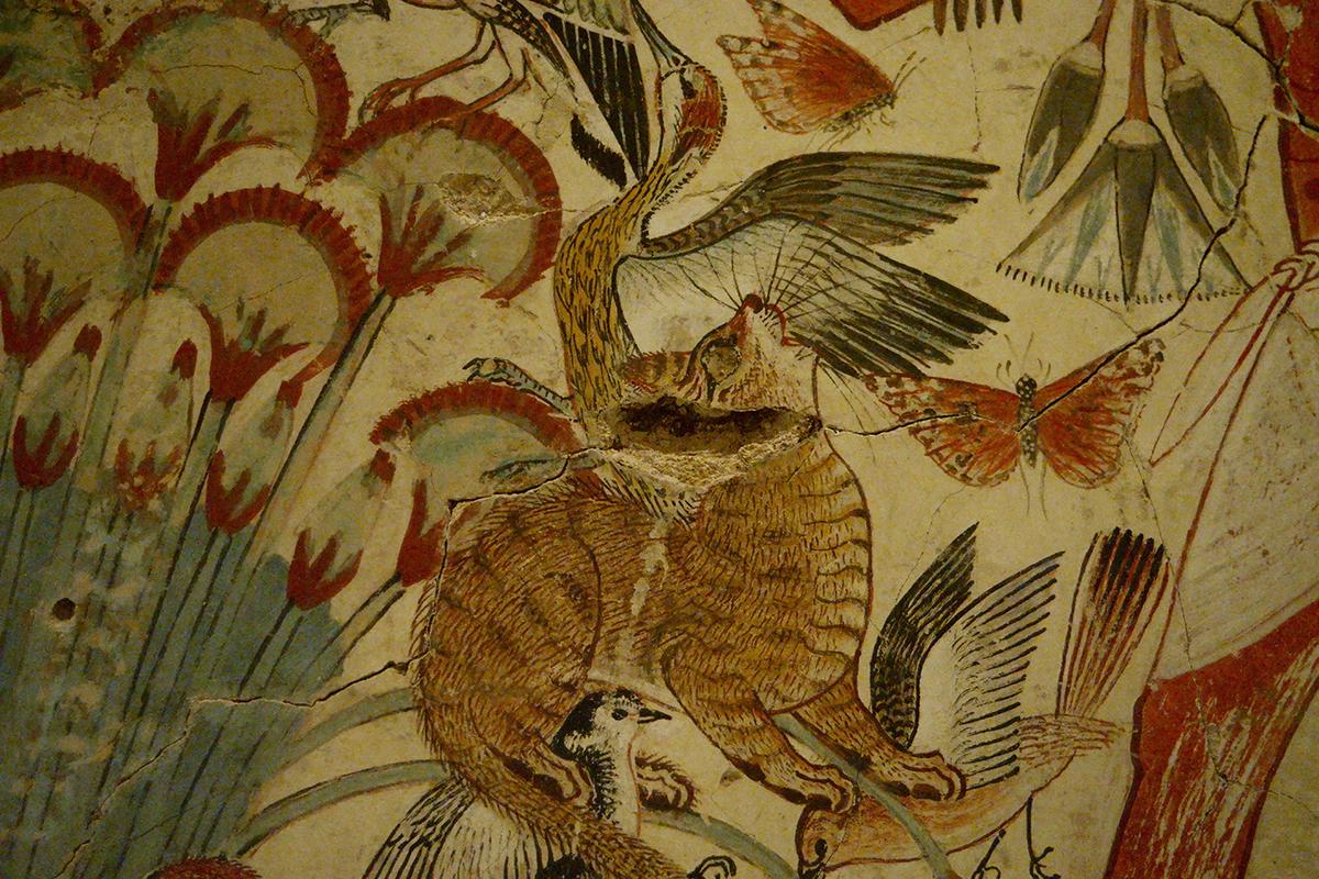 Detail of cat in the tomb-painting tomb-painting "Nebamun goes Hunting," circa 1350 B.C. (<a href="https://commons.wikimedia.org/wiki/File:Cat,_Tomb_of_Nebamun.jpg">Ashley Van Haeften</a>/<a href="https://creativecommons.org/licenses/by/2.0/deed.en">CC BY 2.0 DEED</a>)