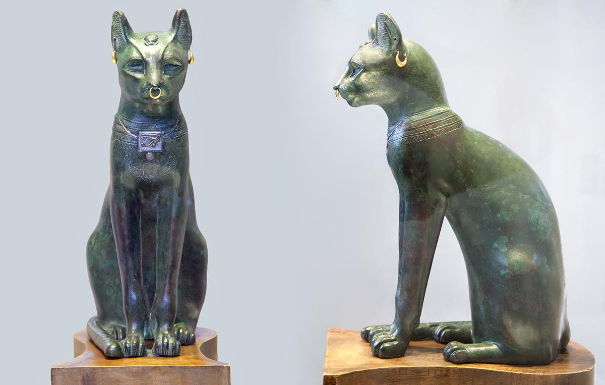"The Gayer-Anderson Cat," from the Late Period in Giza, Egypt. Bronze, silver, and gold; 13.4 inches by 7.9 inches (without base). The British Museum, London. (<a href="https://www.shutterstock.com/image-photo/london-united-kingdom-september-30-2013-1594866619">Vlad G</a>/Shutterstock)