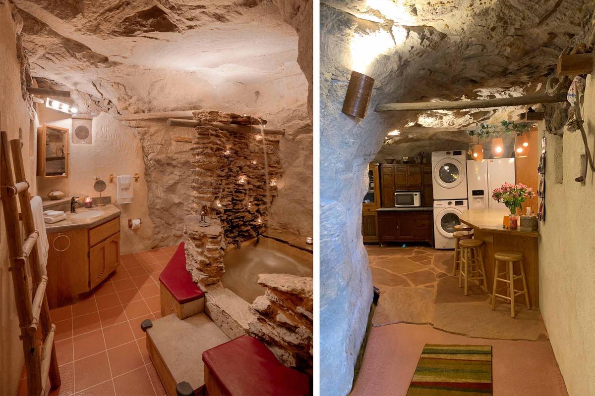 (Left) The bathroom features a jacuzzi and a waterfall shower; (Right) A view of the cave kitchen which also includes a washer and drier. (Courtesy of <a href="https://kokoscave.us/">Kokopelli’s Cave</a>)