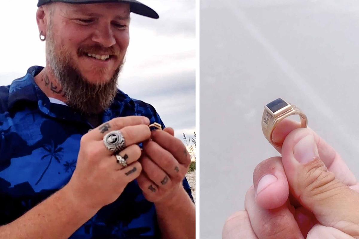Mr. Seguin, 40, is reunited with the ring he lost on a beach in St. Augustine, Florida. (Screenshot/Newsflare)