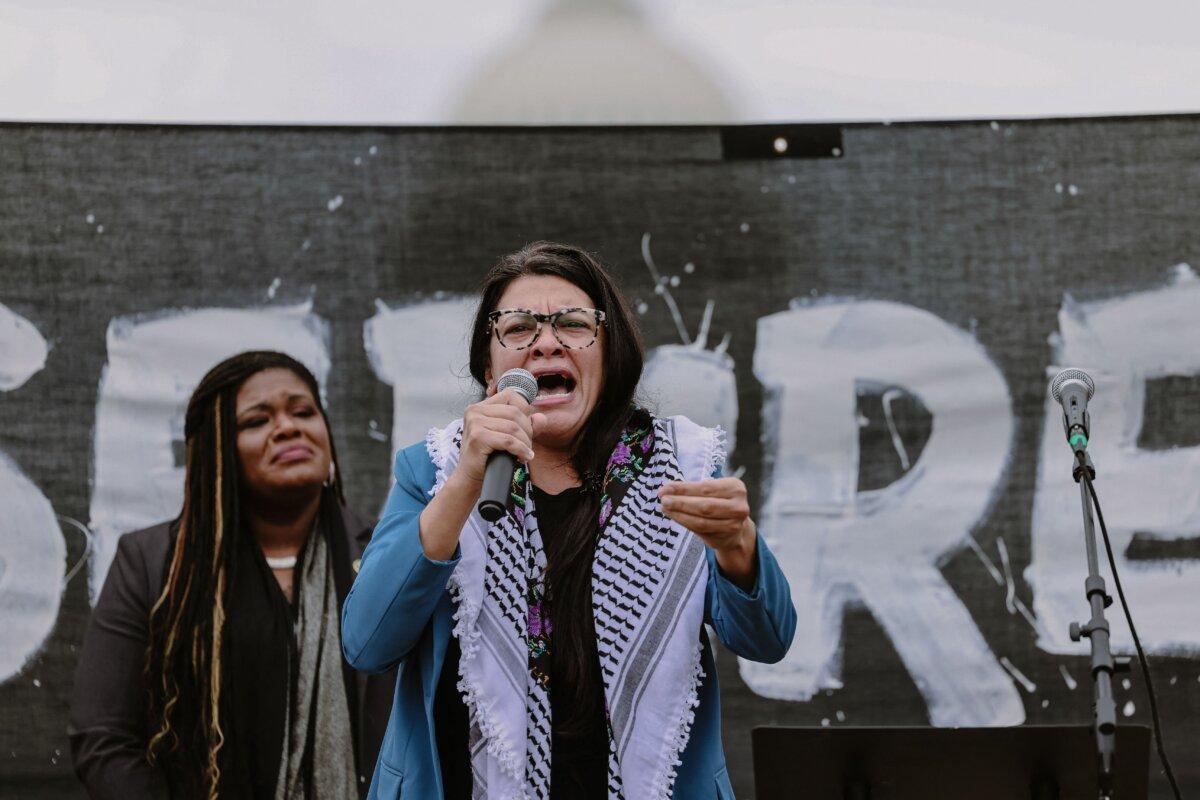Rep. Rashida Tlaib (right) with Rep. Cori Bush during a rally at the U.S. Capitol in Washington on Oct. 20, 2023. (Ali Khaligh/Middle East Images/AFP via Getty Images)