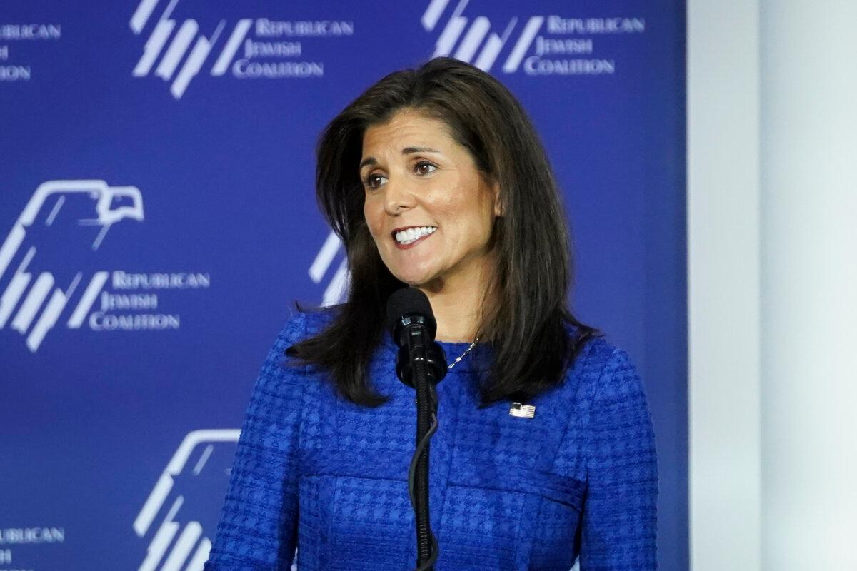 Republican presidential candidate and former South Carolina Gov. Nikki Haley speaks at theRepublican Jewish Coalition in Las Vegas, Nev., on Oct. 28, 2023. (Madalina Vasiliu/The Epoch Times)
