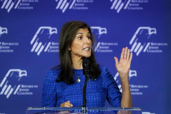 Republican presidential candidate and former South Carolina Gov. Nikki Haley speaks at the Republican Jewish Coalition in Las Vegas, Nev., on Oct. 28, 2023. (Madalina Vasiliu/The Epoch Times)