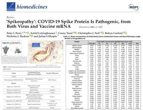 Parry PI, Lefringhausen A, Turni C, Neil CJ, Cosford R, Hudson NJ, Gillespie J. 'Spikeopathy': COVID-19 Spike Protein Is Pathogenic, from Both Virus and Vaccine mRNA. Biomedicines. 2023 Aug 17;11(8):2287. doi: 10.3390/biomedicines11082287. PMID: 37626783; PMCID: PMC10452662.
