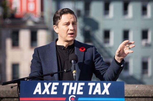 Conservative Leader Pierre Poilievre holds a press conference regarding his “Axe the Tax” message in St. John’s on Oct. 27, 2023. (The Canadian Press/Paul Daly)