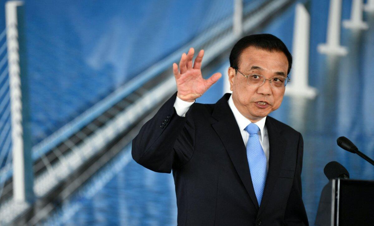 Then-Chinese Premier Li Keqiang speaks during his visit to the construction site of the bridge connecting the Croatian peninsula of Peljesac with the rest of the coast and Croatia's mainland on April 11, 2019. (Elvis Barukcic/AFP via Getty Images)