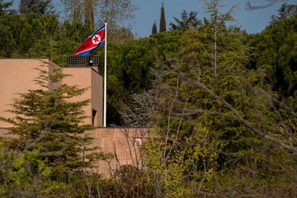 A flag of North Korea waves in the wind on a post at the North Korean Embassy in Madrid, Spain, on March 27, 2019. (Pablo Blazquez Dominguez/Getty Images)