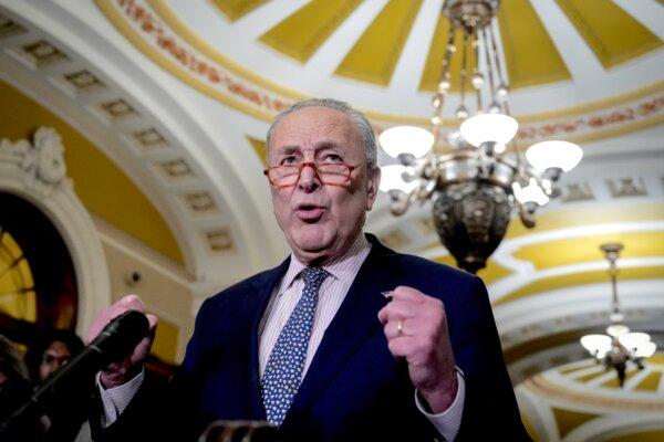 Senate Majority Leader Chuck Schumer (D-N.Y.) speaks during a news conference following a closed-door lunch meeting with Senate Democrats at the U.S. Capitol in Washington on Oct. 31, 2023. (Drew Angerer/Getty Images)