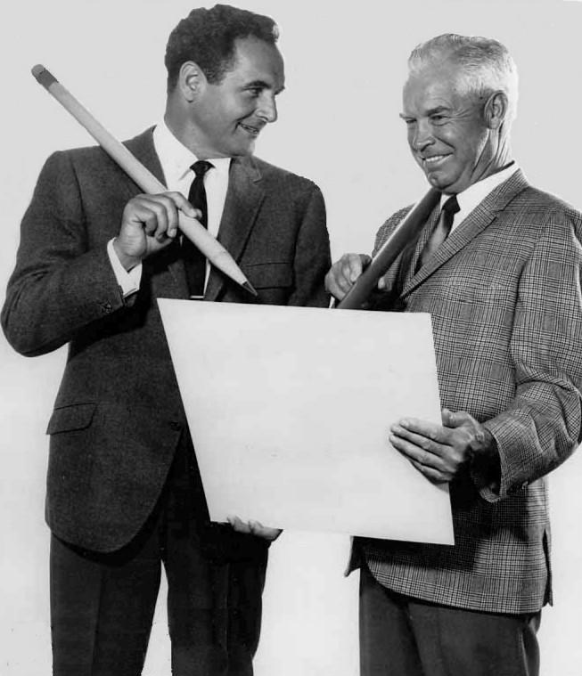Joseph Barbera (L) and William Hanna from a television special for the premiere of their television production "Secret Squirrel and Atom Ant," Sept. 12, 1965. (Public Domain)