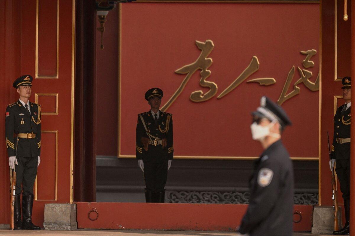 Security personnel stand guard at Zhongnanhai near Tiananmen Square ahead of China's 20th Communist Party Congress in Beijing on Oct. 13, 2022. (Noel Celis /AFP via Getty Images)