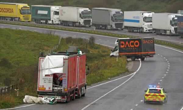 Two lorries on the A20 near Dover, Kent, as Storm Ciaran brings high winds and heavy rain along the south coast of England on Nov. 2, 2023. (Gareth Fuller/PA Wire)