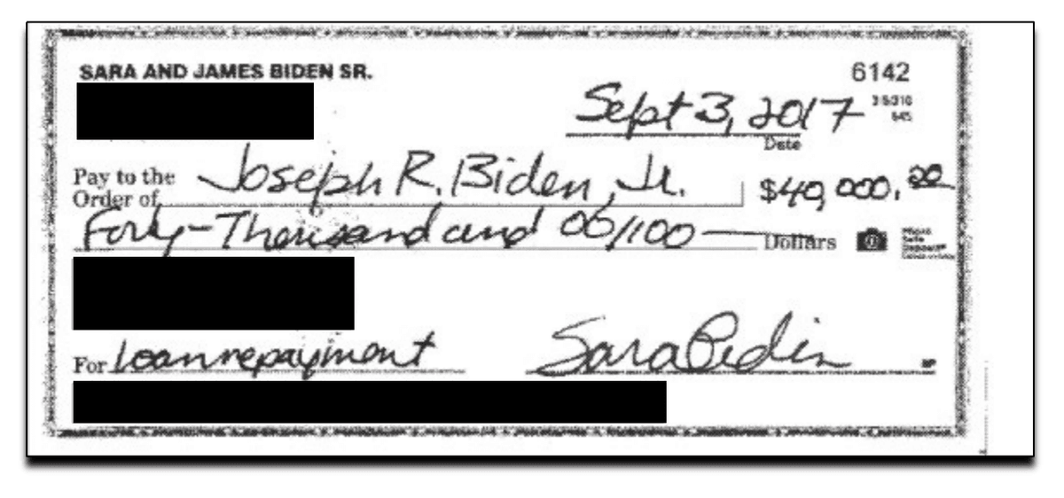 Chinese Funds Moved Through Biden Family Accounts to Joe Biden, Bank Records and Documents Suggest | USNN World News  A partly redacted copy of a check signed by Sara Biden mean for Joe Biden on Sept. 3, 2017. (House Committee on Oversight and Accountability)