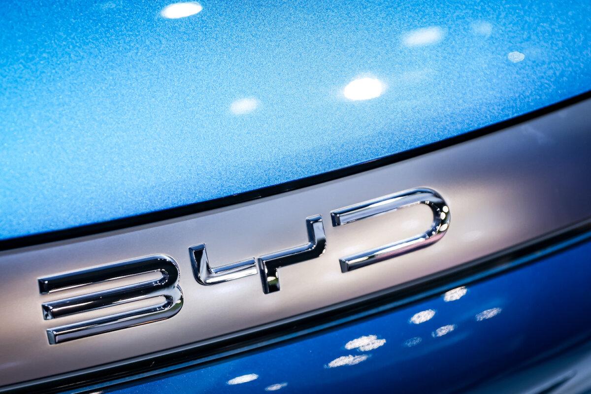 The logo of the Chinese car brand BYD at the IAA Mobility 2023 international motor show in Munich, Germany, on Sept. 6, 2023. (Leonhard Simon/Getty Images)