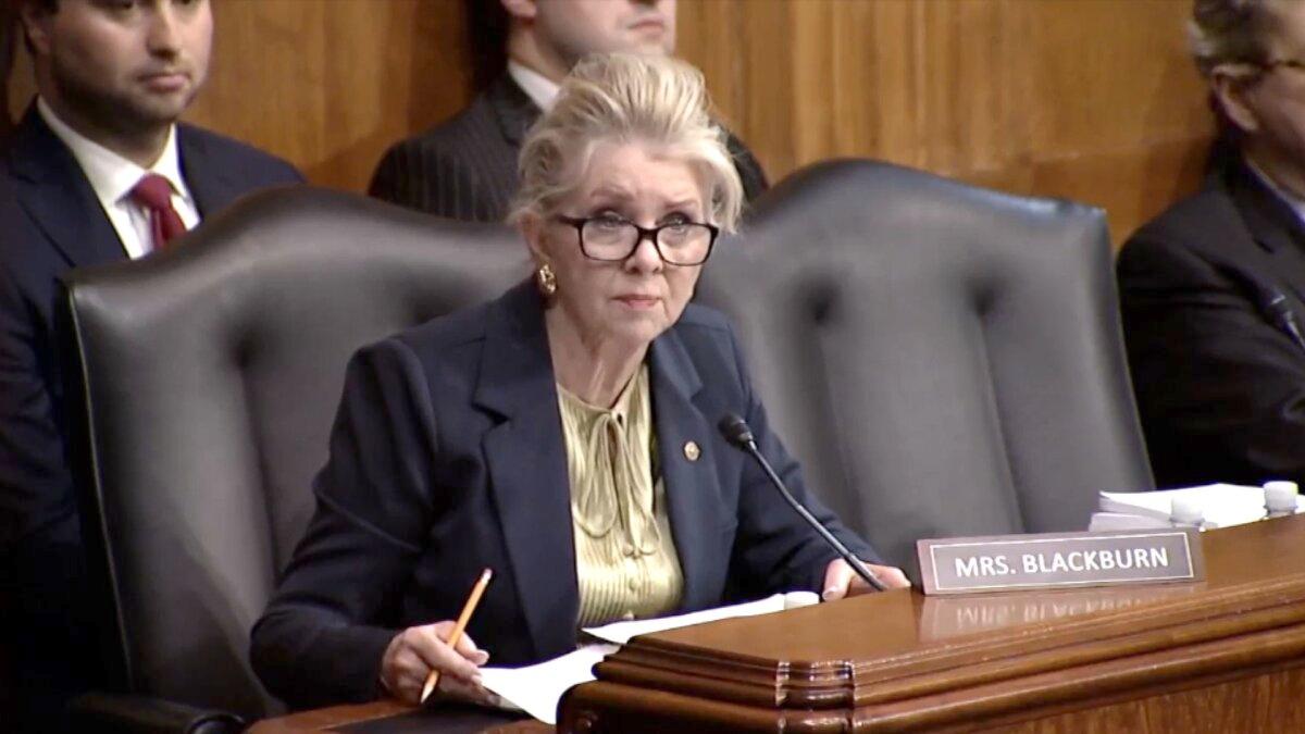 Sen. Marsha Blackburn (R-Tenn.) asks questions at a Senate hearing on Nov. 1, 2023. (Senate Judiciary Committee/Screenshot via NTD)