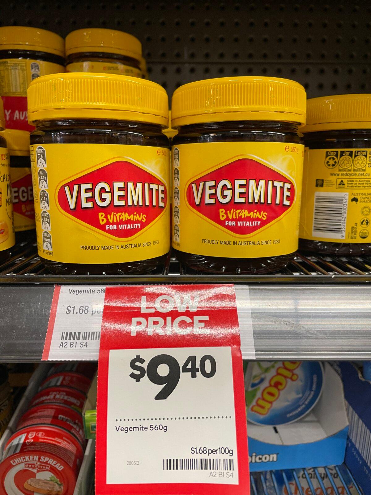 Jars of Vegemite are being sold at a price of $9.40 in Woolworths. (Jessie Zhang/The Epoch Times)