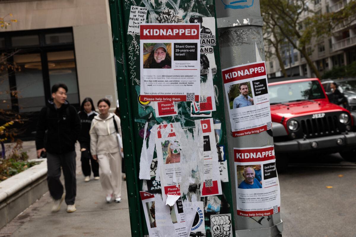 Posters of some of those kidnapped by Hamas are displayed on a pole outside of New York University (NYU) as tensions between supporters of Palestine and Israel increase on college campuses across the nation, in New York City, on Oct. 30, 2023. (Spencer Platt/Getty Images)