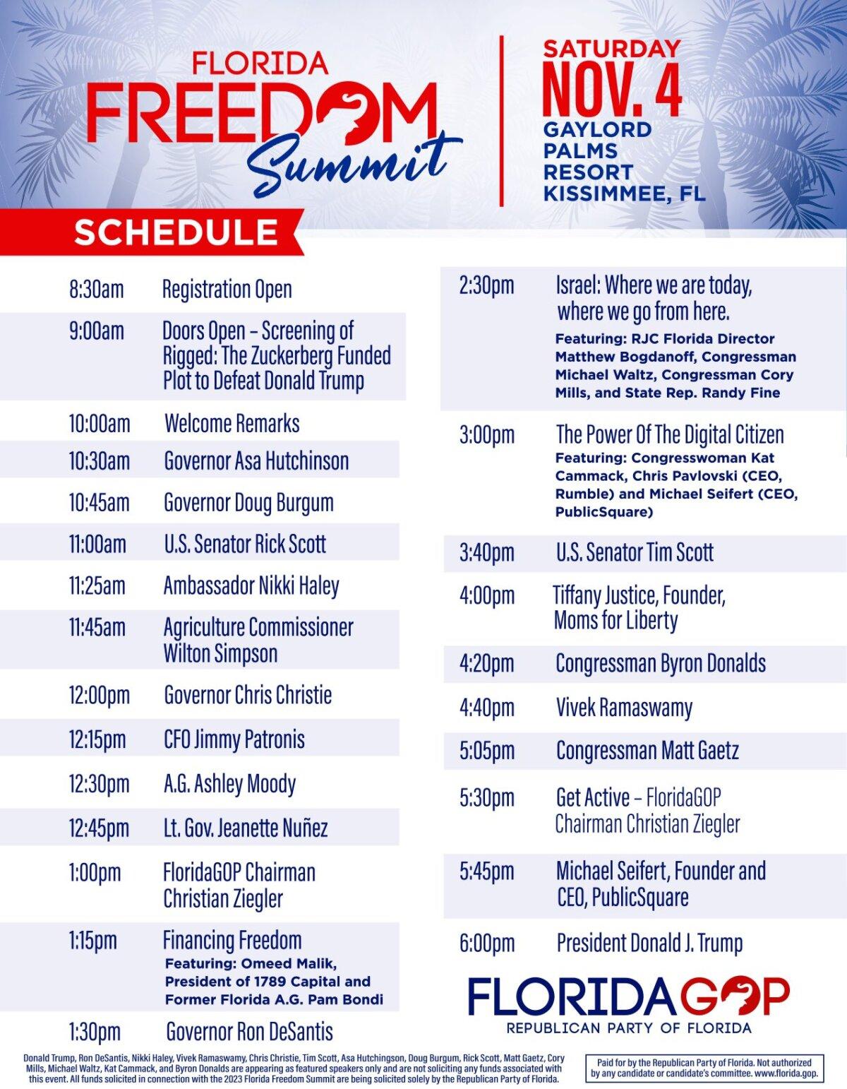 Schedule for the Florida Freedom Summit on Nov. 4, 2023, at the Gaylord Palms Resort and Convention Center in Kissimmee, Fla. (Courtesy of Republican Party of Florida)