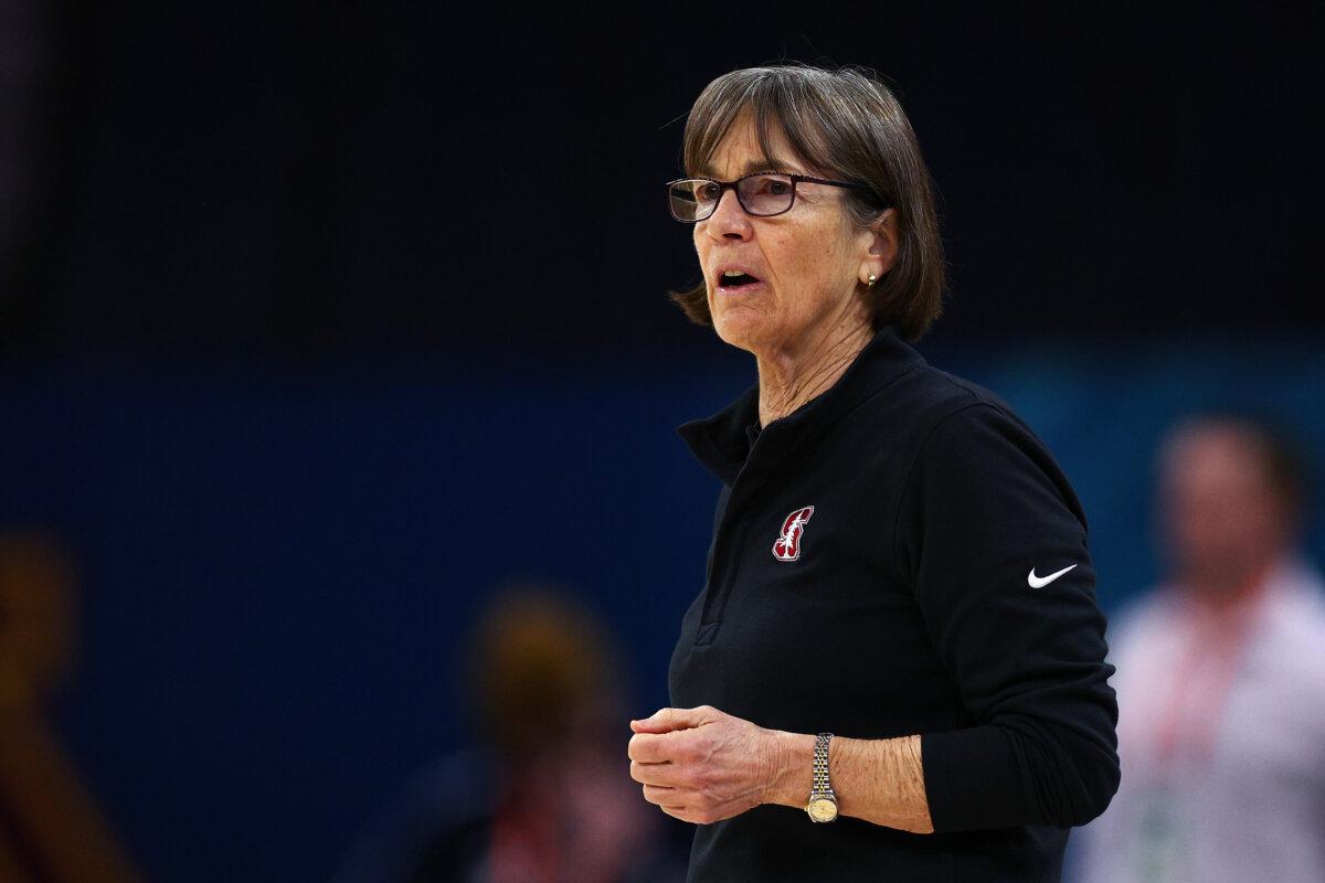 Head coach Tara VanDerveer of the Stanford Cardinal looks on during a practice session with the team at Target Center in Minneapolis on March 31, 2022. (Elsa/Getty Images)