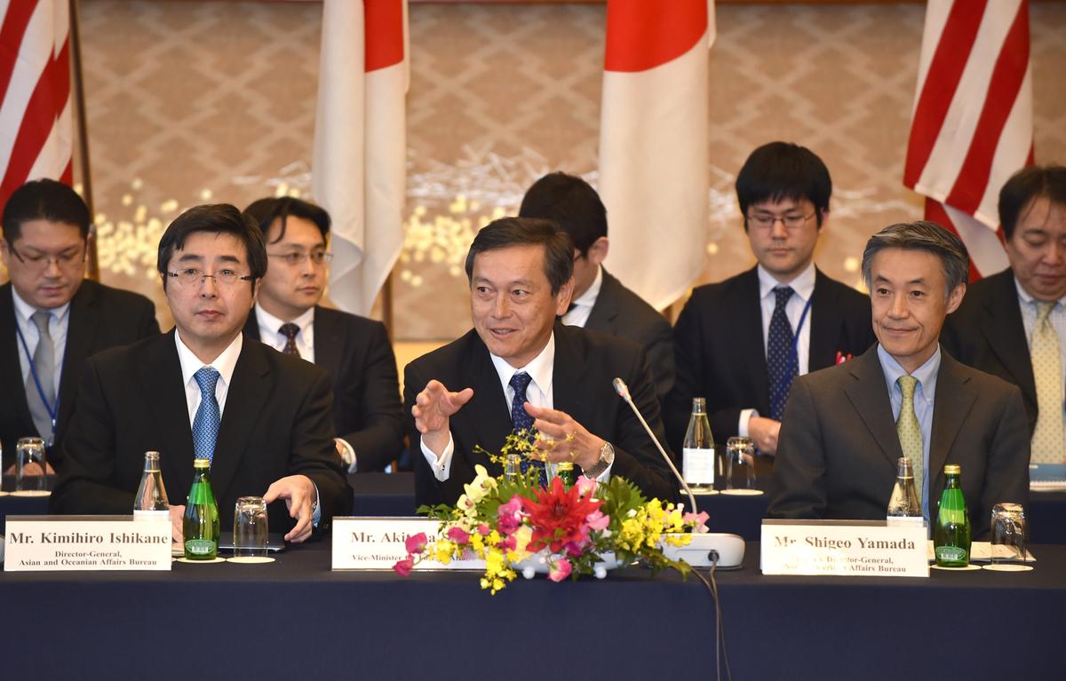 Japanese Vice Foreign Minister Akitaka Saiki (front C), accompanied by Asian and Oceanian Affairs Bureau director-general Kimihiro Ishikane (front L) and North American Affairs Bureau deputy director-general Shigeo Yamada (front R), speaks at the beginning of a trilateral subcabinet-level meeting with U.S. deputy secretary of state Antony Blinken and Lim Sung Nam, first vice minister of foreign affairs of South Korea, in Tokyo, on Jan. 16, 2016.  (Kazuhiro Nogi/AFP via Getty Images)
