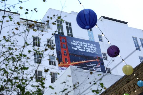 A controversial billboard that warns against fentanyl is posted on the side of a building near Union Square in San Francisco on April 4, 2022. (Justin Sullivan/Getty Images)