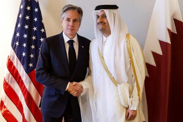 U.S. Secretary of State Antony Blinken meets with Qatari Prime Minister and Minister of Foreign Affairs Mohammed bin Abdulrahman Al Thani at a hotel during a day of meetings, in Amman, Jordan, on Nov. 4, 2023. (Jonathan Ernst/Pool/Reuters)