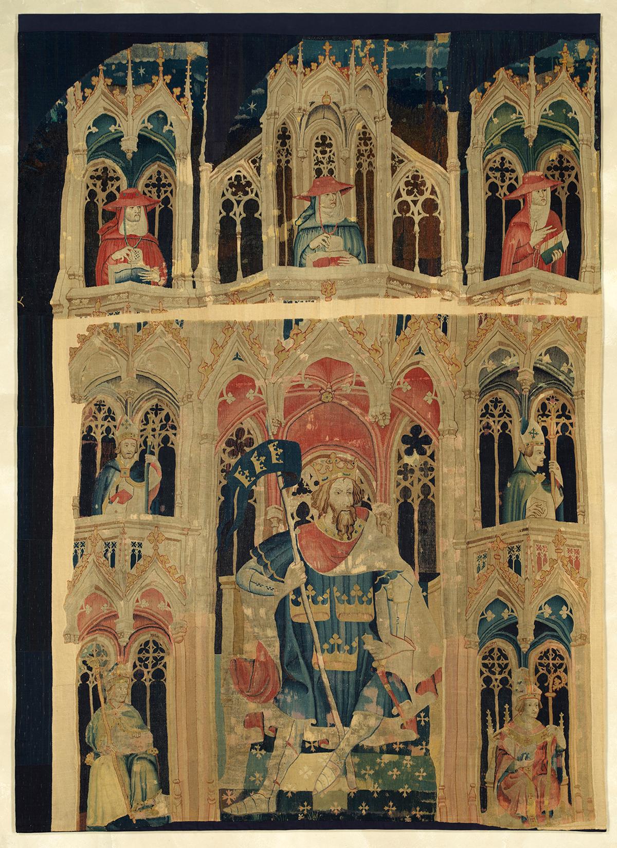  "King Arthur" (from the “Nine Heroes Tapestries”), circa 1400–1410, South Netherlandish. Wool warp, wool wefts; 168 inches by 117 inches. The Cloisters, The Metropolitan Museum of Art, New York City. (Public Domain)