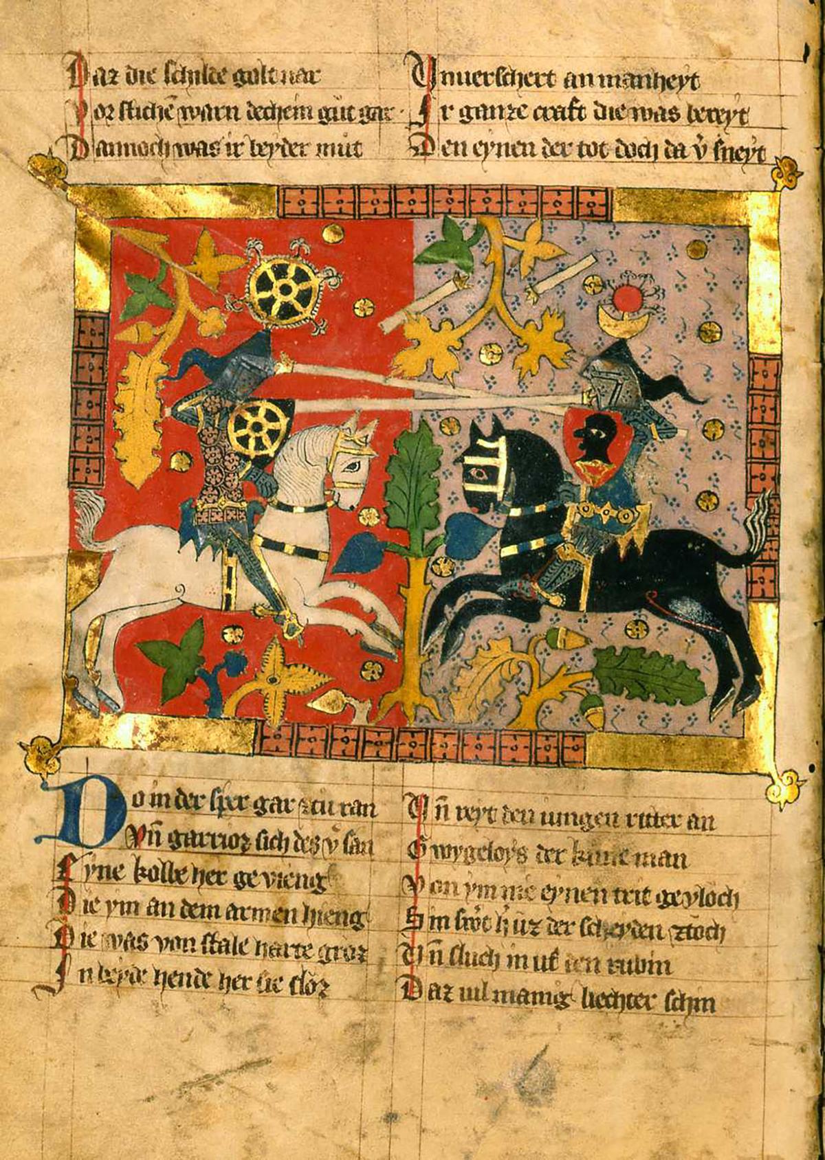  German manuscript detailing the Arthurian romance of Wigalois, 1372, by Jan con Bruswick, according to the colophon (fol. 117v). University of Leiden, Germany. (<a href="https://www.leidenspecialcollectionsblog.nl/articles/wigalois-a-german-arthurian-hero">Collection Leiden University Libraries</a>/ <a href="https://creativecommons.org/licenses/by/4.0/">CC BY 4.0 DEED</a>)