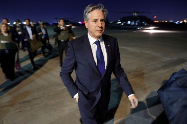U.S. Secretary of State Antony Blinken returns to Baghdad International Airport from the International Zone via helicopter after meeting Iraq's Prime Minister in Baghdad, Iraq, on Nov. 5, 2023. (Jonathan Ernst/AFP via Getty Images)