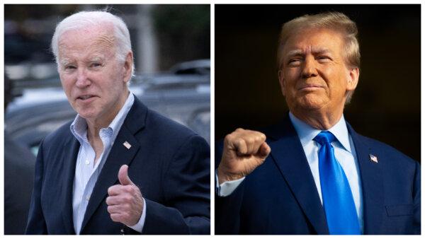 President Joe Biden gives a thumbs up as he leaves St. Edmond Roman Catholic Church in Rehoboth Beach, Del., on Nov. 4, 2023. (Brendan Smialowski/AFP via Getty Images); (Right) Former President Donald Trump looks on during a campaign rally at Trendsetter Engineering Inc. in Houston, Texas, on Nov. 2, 2023. (Brandon Bell/Getty Images)